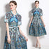 Vivid Fall Peacock Print A-Line, Collared, Belted, Short Sleeve Blue Shirt Vestidos Dress